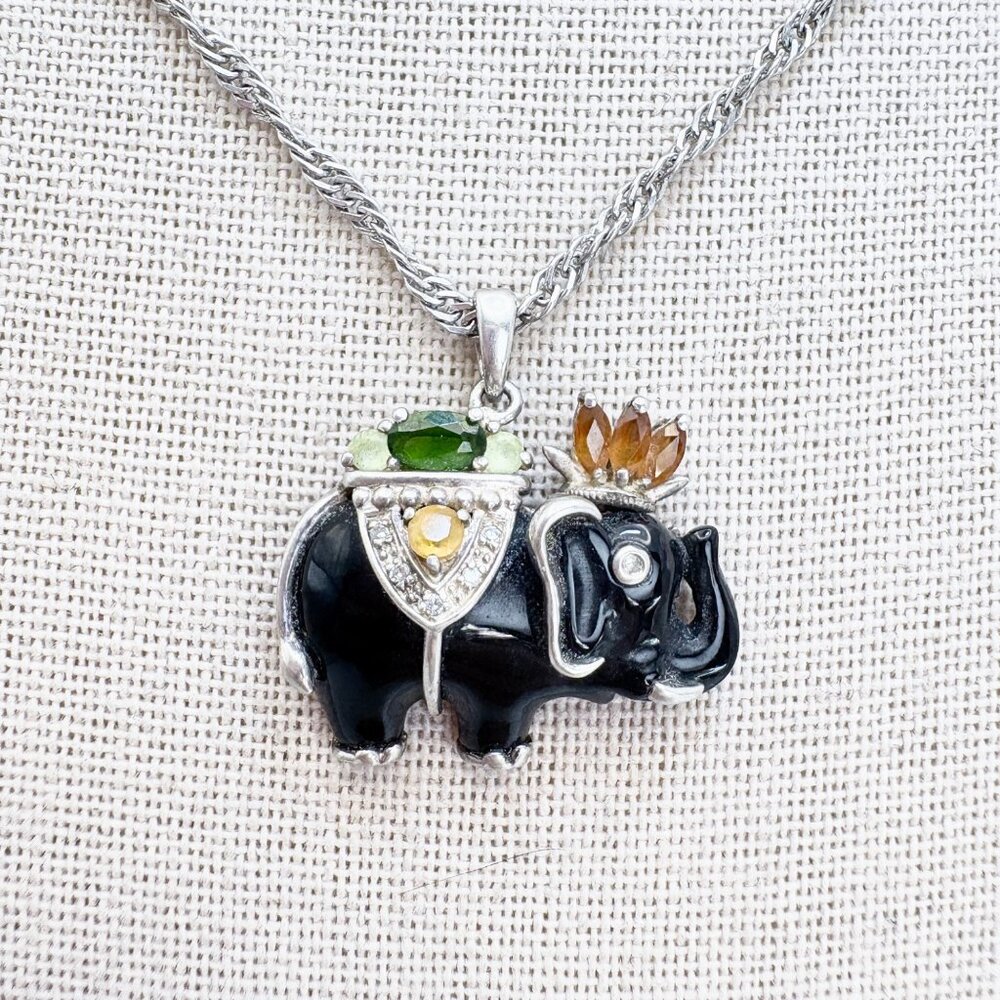 VTG Sterling Silver 925 Multi-Gemstone Elephant Pendant Necklace Size 24" Length